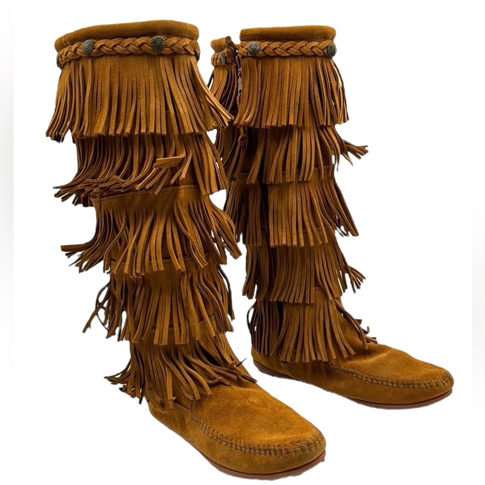 Minnetonka Suede 5 Layer Fringe Boots Size 7 - image 1